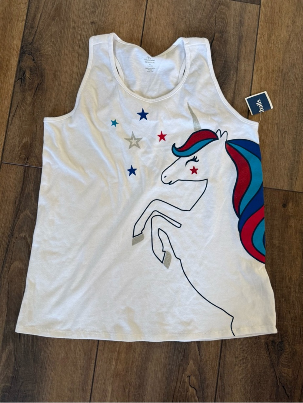 Celebrate girls XL 14/16 White Tank Top with Red & Blue Unicorn Graphic glitter
